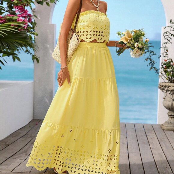 Yellow Casual Women's Tube Top & Long Maxi Skirt Two Pieces Set - Picture 1 of 8